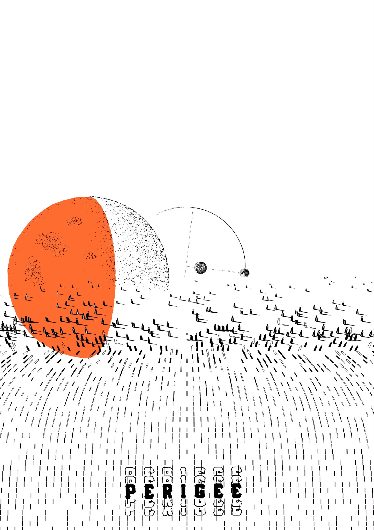 Perigee poster artwork: an orange planetary form above a crowd of fine black figures