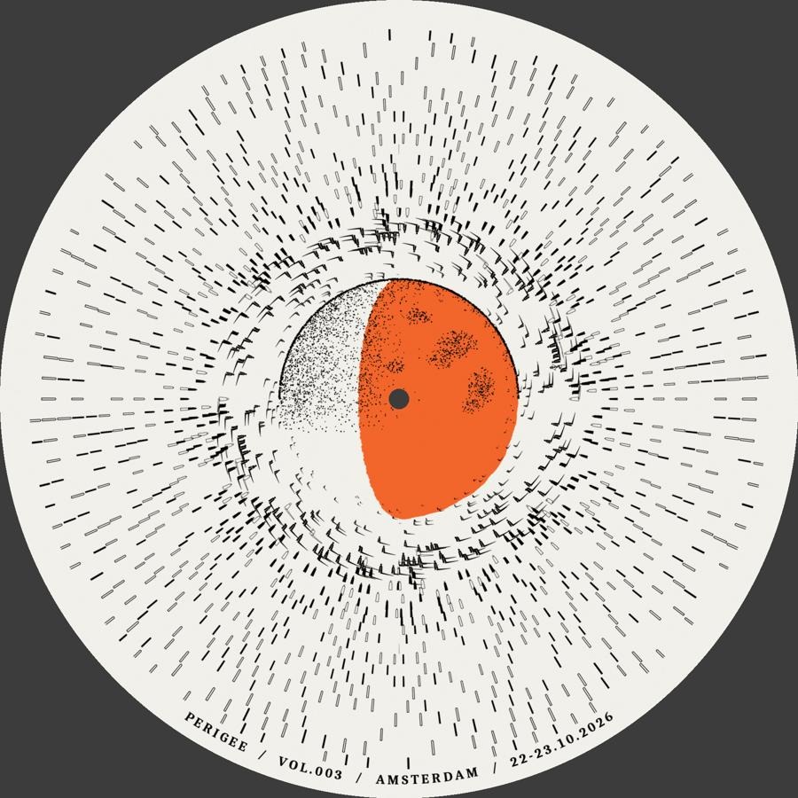 The reverse record artwork, with fine radial black lines surrounding an orange planet