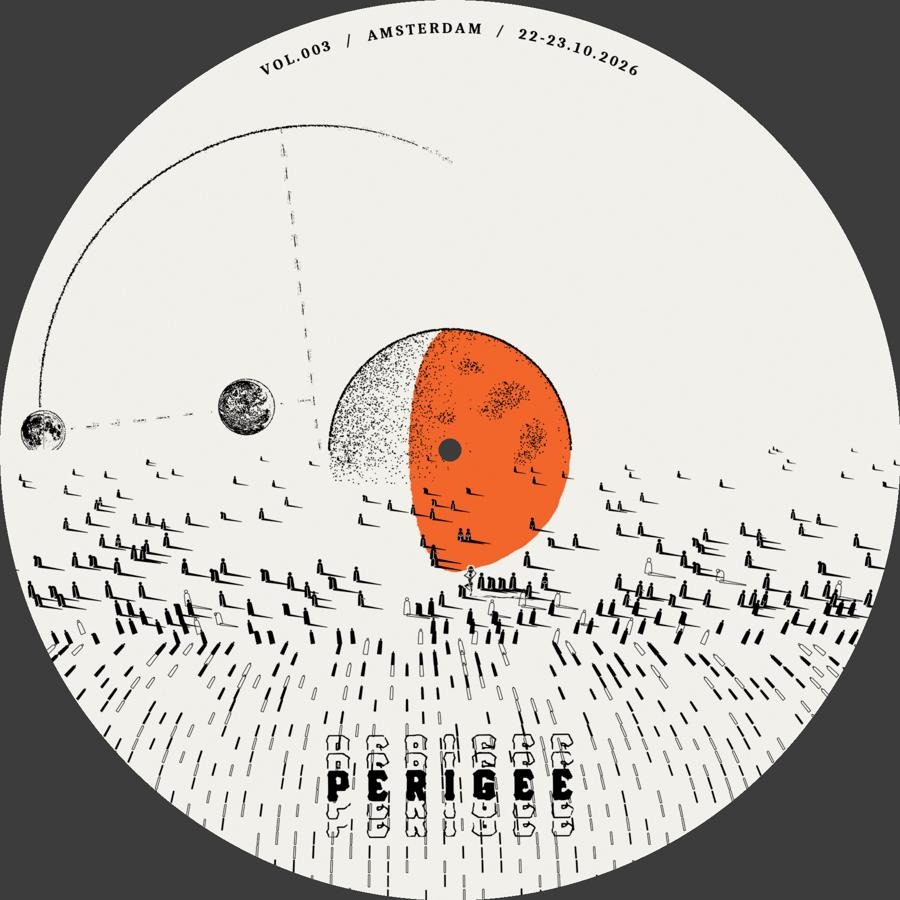 Perigee Vol.003 record artwork, with an orange planet and a crowd of black figures